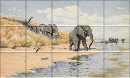 Ceramic tile mural - elephants at the lake 