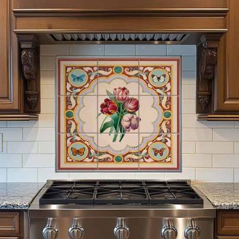 Ceramic tile mural - tulips and butterflies