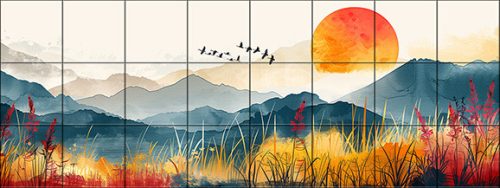 sunset behind mountain range with birds and wild meadow – artistic ceramic tile mural