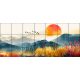 sunset behind mountain range with birds and wild meadow – artistic ceramic tile mural