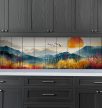 sunset behind mountain range with birds and wild meadow – artistic ceramic tile mural