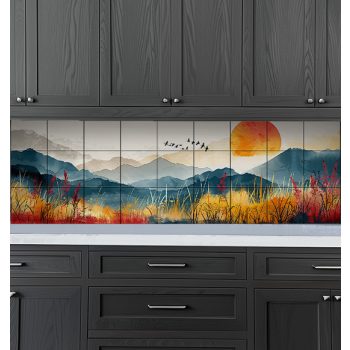 naplemente a hegyek felett, madarakkal és virágos mezővel ábrázolt kerámia dekorcsempe