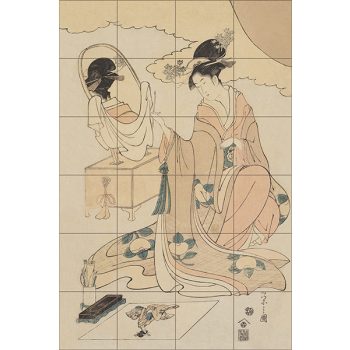 Japanese woman in kimono seated by a mirror – ukiyo-e style tile mural Japanese woman in kimono seated by a mirror – ukiyo-e style tile mural