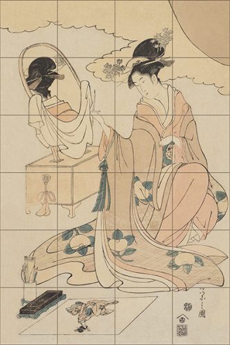 Japán nő kimonóban tükörrel – ukiyo-e stílusú csempekép