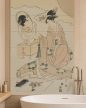 Japanese woman in kimono seated by a mirror – ukiyo-e style tile mural