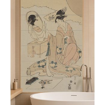 Japanese woman in kimono seated by a mirror – ukiyo-e style tile mural