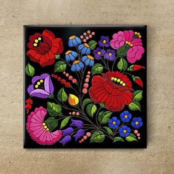Ceramic tile mural - Hungarian Kalocsai folk motif black