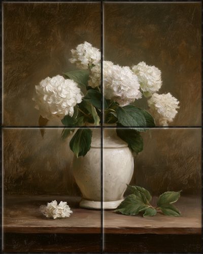 white hydrangeas ceramic tile mural – floral vase tile mural with white flowers and brown background