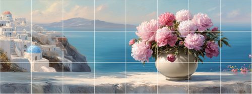 Mediterranean Tile Mural with Peonies and Santorini View