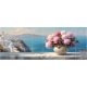 Mediterranean Tile Mural with Peonies and Santorini View