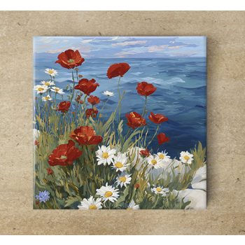Popies and daisies on the shore - ceramic tile trivet