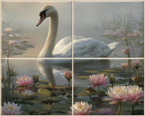 two swans swimming on a lily-covered pond – romantic nature ceramic tile mural