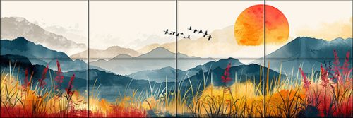 sunset behind mountain range with birds and wild meadow – artistic ceramic tile mural