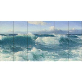 Kerámia csempekép hullámzó tengerrel és sirályokkal, klasszikus festmény stílusban Kerámia csempekép hullámzó tengerrel és sirályokkal, klasszikus festmény stílusban