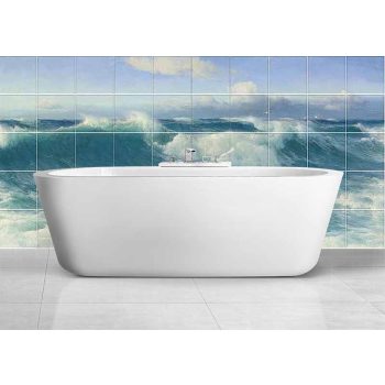 Ceramic tile mural with ocean waves and seagulls in a classic painting style