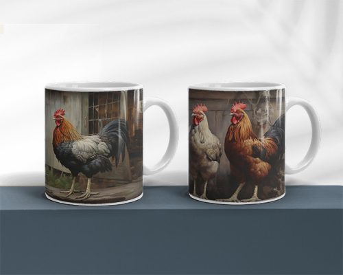Rooster and chicken mug set of 3 mugs 