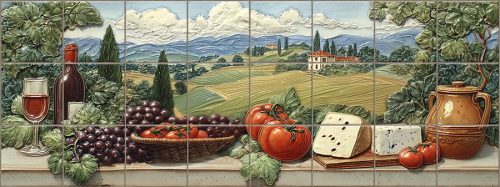 Ceramic tile mural of Tuscan landscape with wine, cheese, tomatoes and grapes