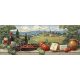 Ceramic tile mural of Tuscan landscape with wine, cheese, tomatoes and grapes