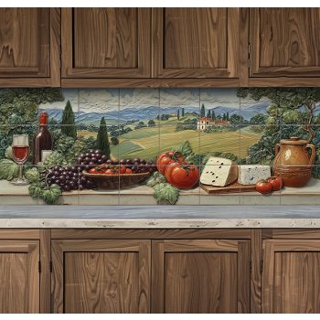 Ceramic tile mural of Tuscan landscape with wine, cheese, tomatoes and grapes