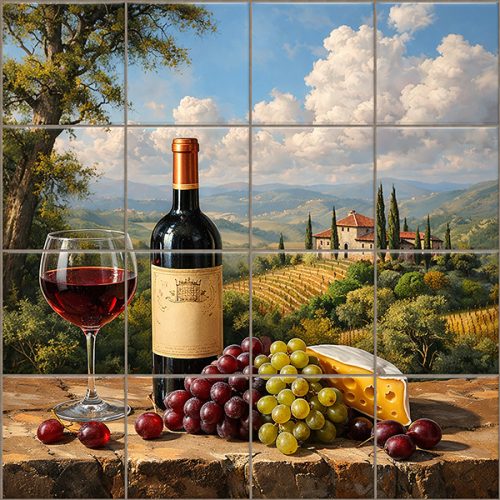 Ceramic tile mural of wine bottle, glass of red wine, grapes, cheese, and Tuscan vineyard landscape with villa and cypress trees