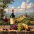Ceramic tile mural of wine bottle, glass of red wine, grapes, cheese, and Tuscan vineyard landscape with villa and cypress trees