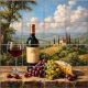 Ceramic tile mural of wine bottle, glass of red wine, grapes, cheese, and Tuscan vineyard landscape with villa and cypress trees