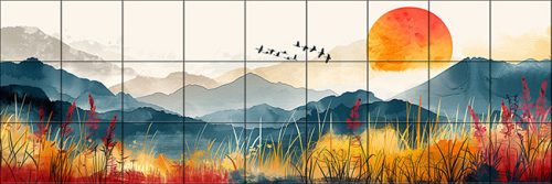 sunset behind mountain range with birds and wild meadow – artistic ceramic tile mural