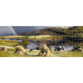 Ceramic tile mural of a countryside scene with cows, hay and a rainbow Ceramic tile mural of a countryside scene with cows, hay and a rainbow