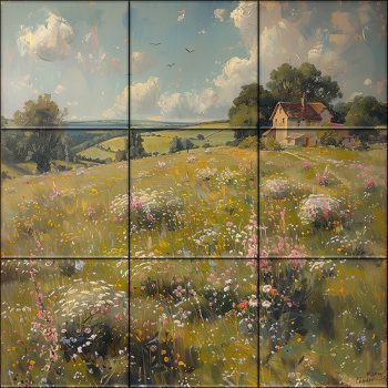 Kerámia csempekép virágos rét és vidéki ház látképével Kerámia csempekép virágos rét és vidéki ház látképével