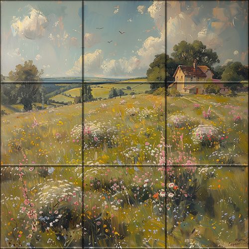 Ceramic tile mural with wildflower meadow and countryside house