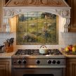 Ceramic tile mural with wildflower meadow and countryside house