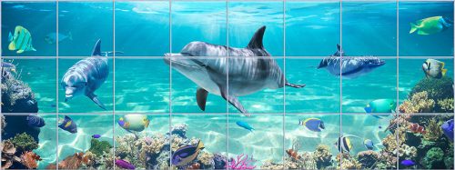 Delfines trópusi fürdőszoba csempe színes halakkal és korallzátonnyal