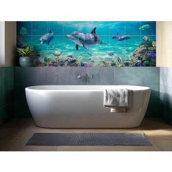 Bathroom tile mural with dolphins, tropical fish, and coral reef