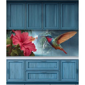 Colorful hummingbird near hibiscus flower with tropical waterfall background – exotic tile mural