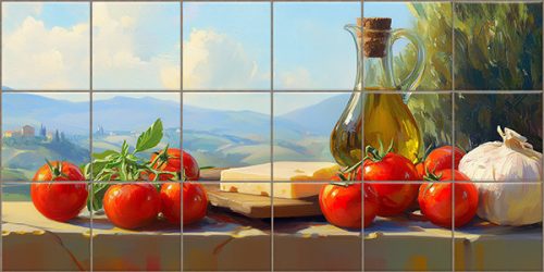 Tuscan countryside with tomatoes, cheese, olive oil and garlic on ceramic tile mural