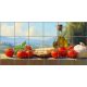 Tuscan countryside with tomatoes, cheese, olive oil and garlic on ceramic tile mural