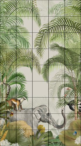 Jungle scene with elephant, monkey, toucan, flamingo and tropical plants – exotic tile mural