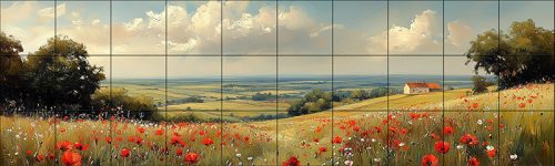 Ceramic tile mural with poppy field, green hills 