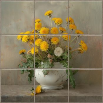 Ceramic tile mural with dandelions in a white vase, still life Ceramic tile mural with dandelions in a white vase, still life