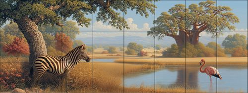 Zebra and flamingo in African landscape with baobab trees – exotic ceramic decor tile