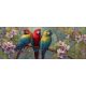Three colorful parrots on blooming branch – tropical-themed tile mural