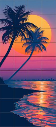 Tile mural - Beach and palm tree in the sunset