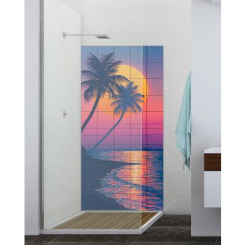 Tile mural - Beach and palm tree in the sunset