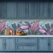 Ceramic tile mural with abstract leaves in powder pink, mint, and lavender tones