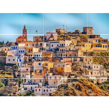 ceramic tile mural with karpathos greece townscape
