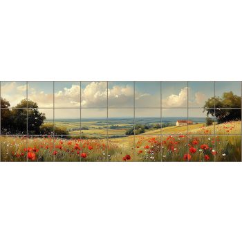 Ceramic tile mural with poppy field, green hills 