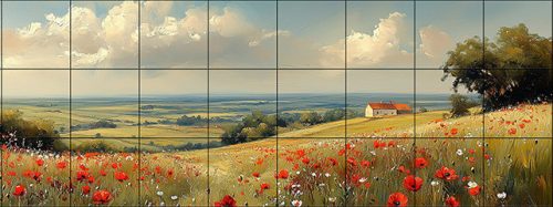 Ceramic tile mural with poppy field, green hills 