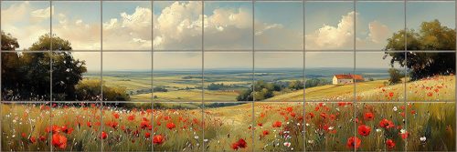 Ceramic tile mural with poppy field, green hills 