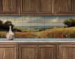 Ceramic tile mural with poppy field, green hills 