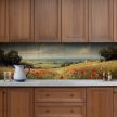 Ceramic tile mural with poppy field, green hills 